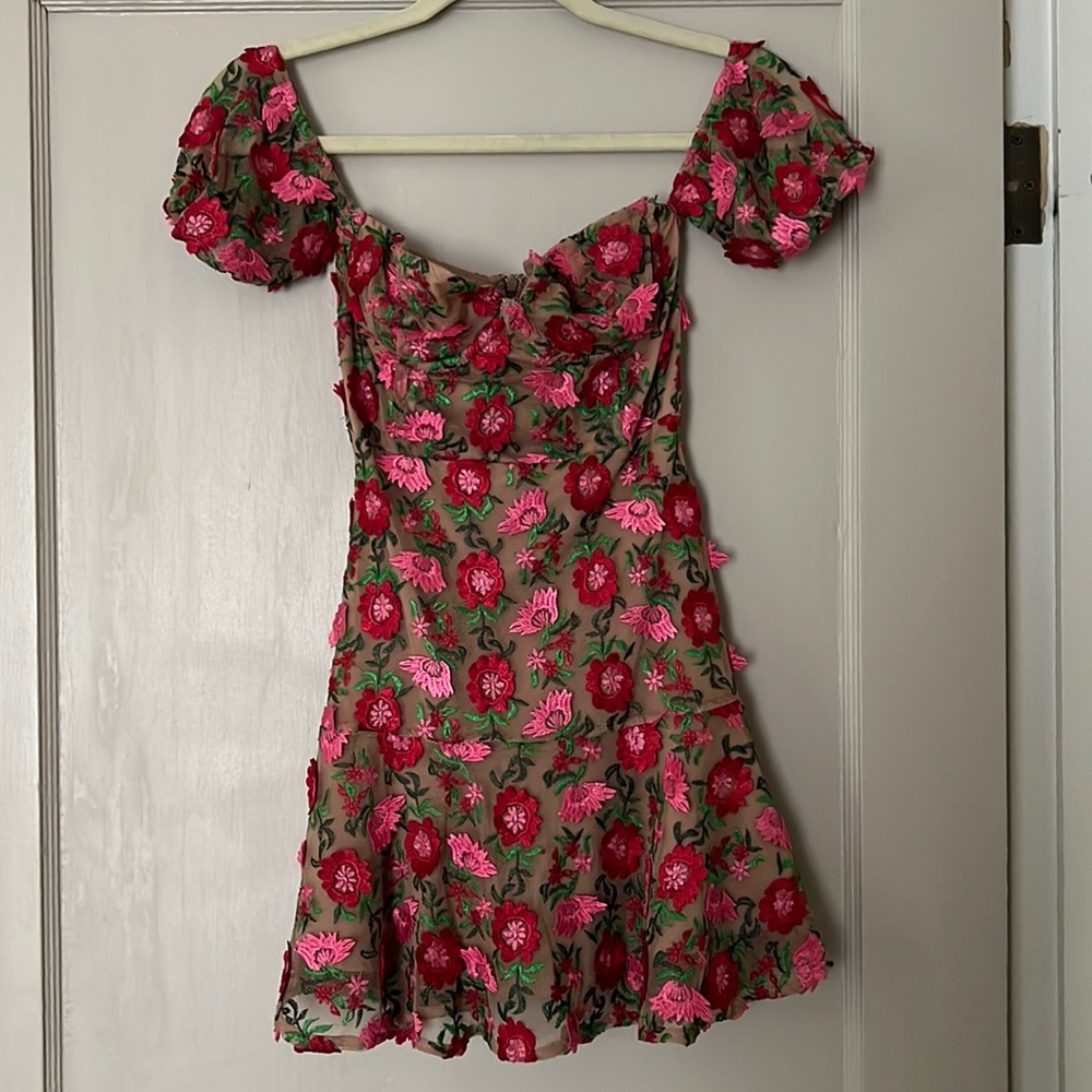 For Love & Lemons off the shoulder dress with sewn on flowers